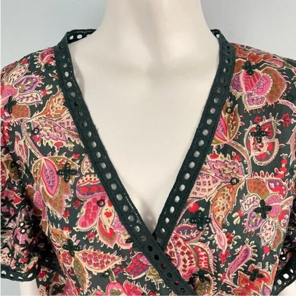 Jennifer Grace Paisley Print Faux Wrap Embroidered Flutter Sleeve Blouse (NWT) - Picture 3 of 13